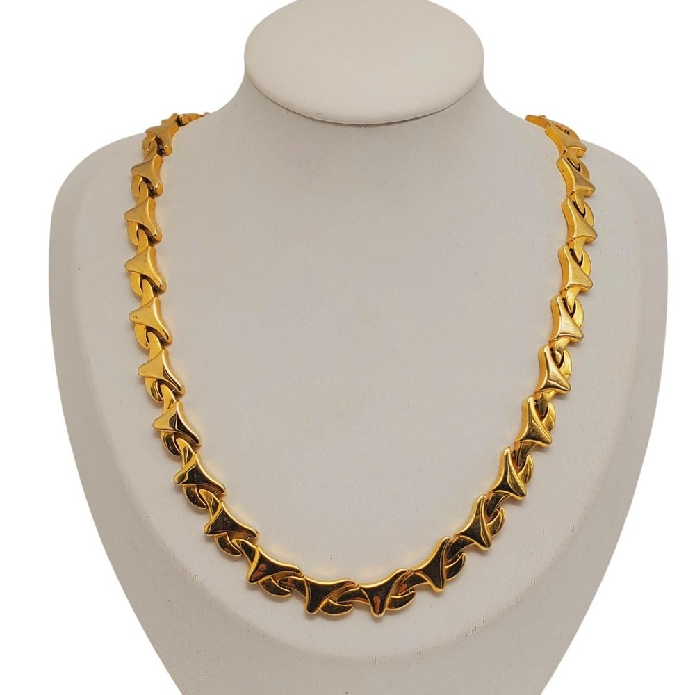 Vintage 1980s Modernist Necklace Gold Tone Geometric Link Chain Choker Statement